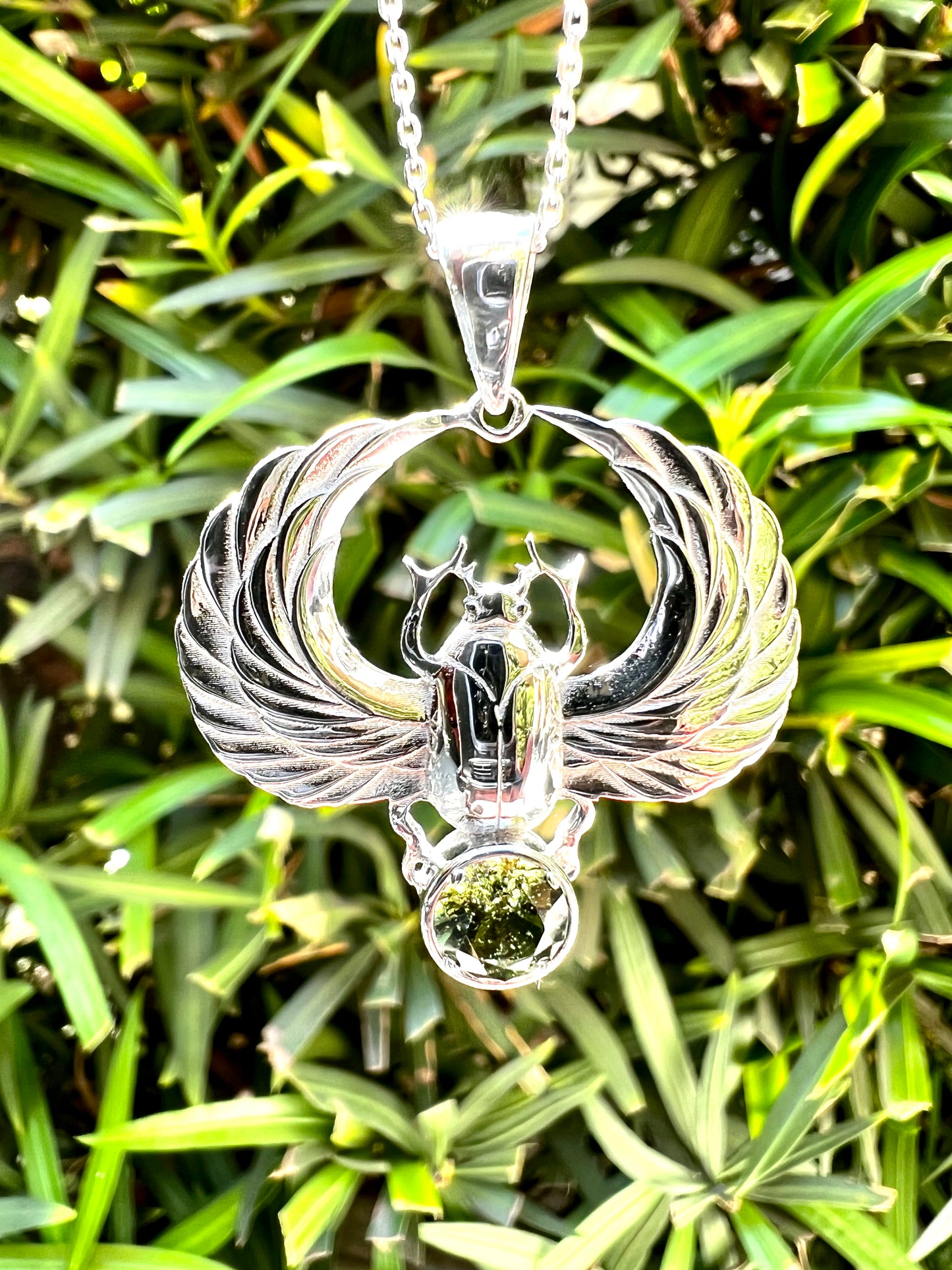 Moldavite Sterling Silver Scarab Necklace